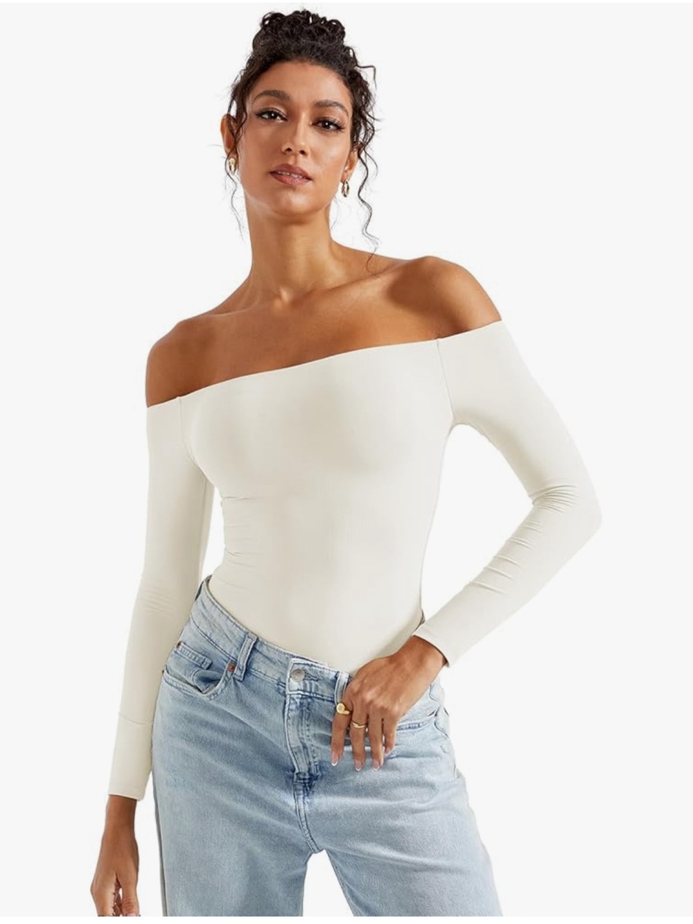 Off-Shoulder Long Sleeve Ribbed Bodysuit - Cream